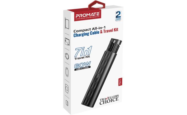 Promate Perk Compact All in 1 Charging Cable and Travel Kit, Supports a USB-C Cable, 20V/3A, Versatile Card Slots, 60W Fast Charge, Black
